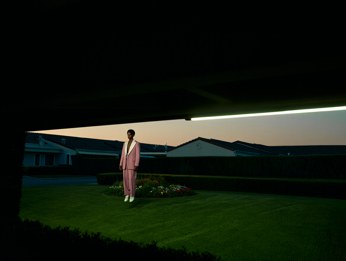 A person wearing a pink suit and white shoes standing on a grassy lawn near a flower bed at dusk, with houses in the background.