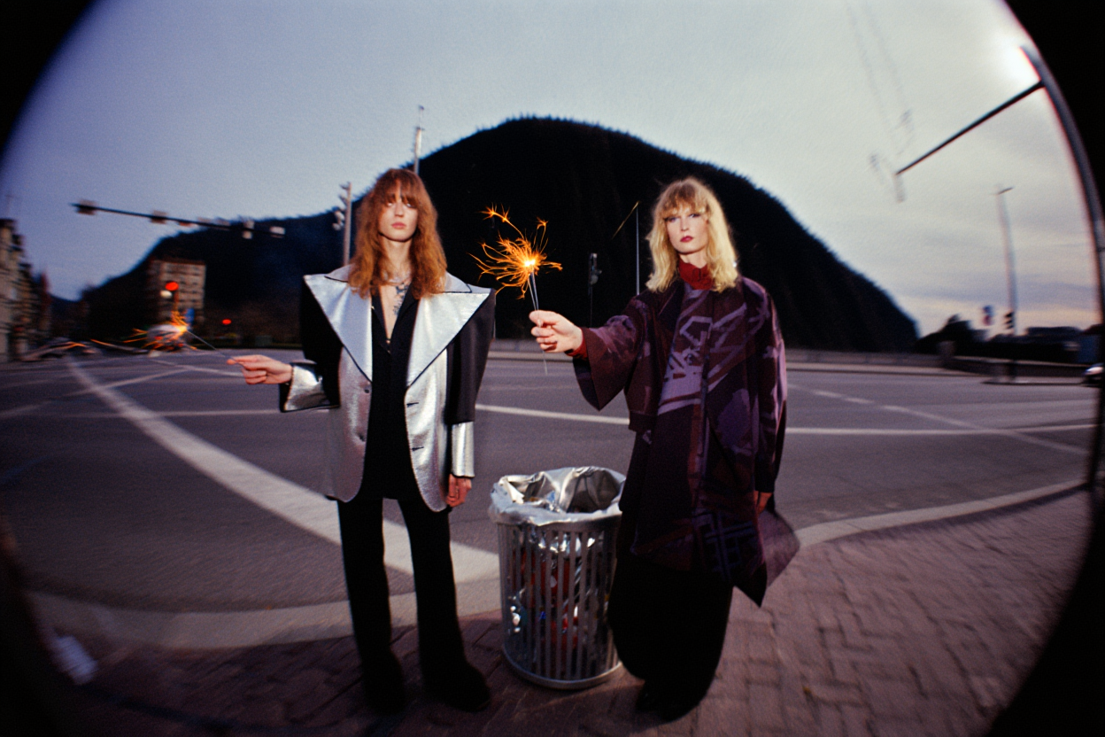 Two women with wavy hair and trendy clothing standing on a street corner at dusk, holding sparklers with a cityscape and mountain in the background.