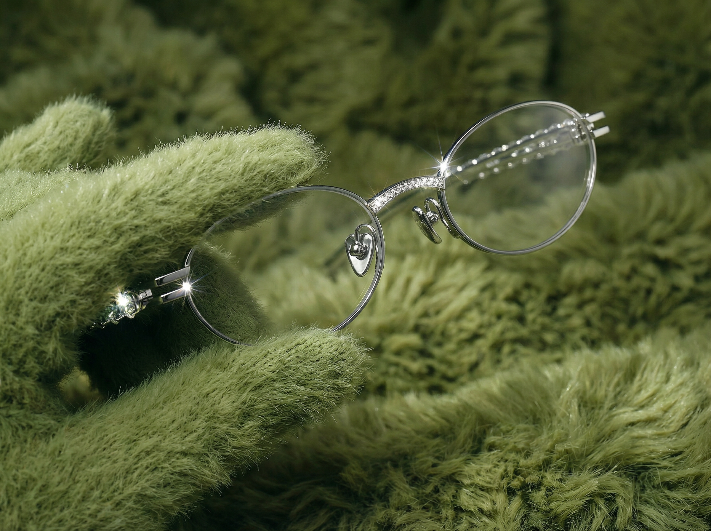 A pair of round eyeglasses with decorative hearts on the temples, held by a hand in a fuzzy green glove, against a fuzzy green background.
