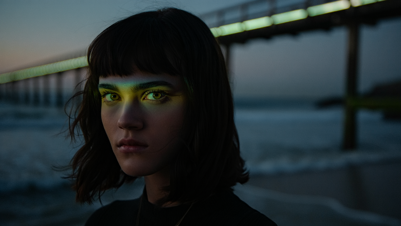A young woman with dark hair and light skin standing on a beach at sunset or twilight, with a pier in the background. Her face is partially illuminated with greenish-yellow light.