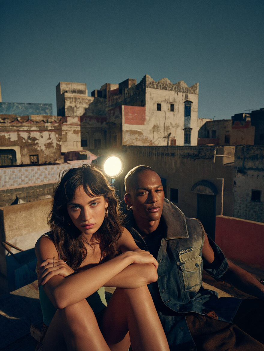 Two young models, a woman with dark wavy hair and a man with short hair, sit together on a rooftop during nighttime, with rooftop buildings and a clear sky in the background.