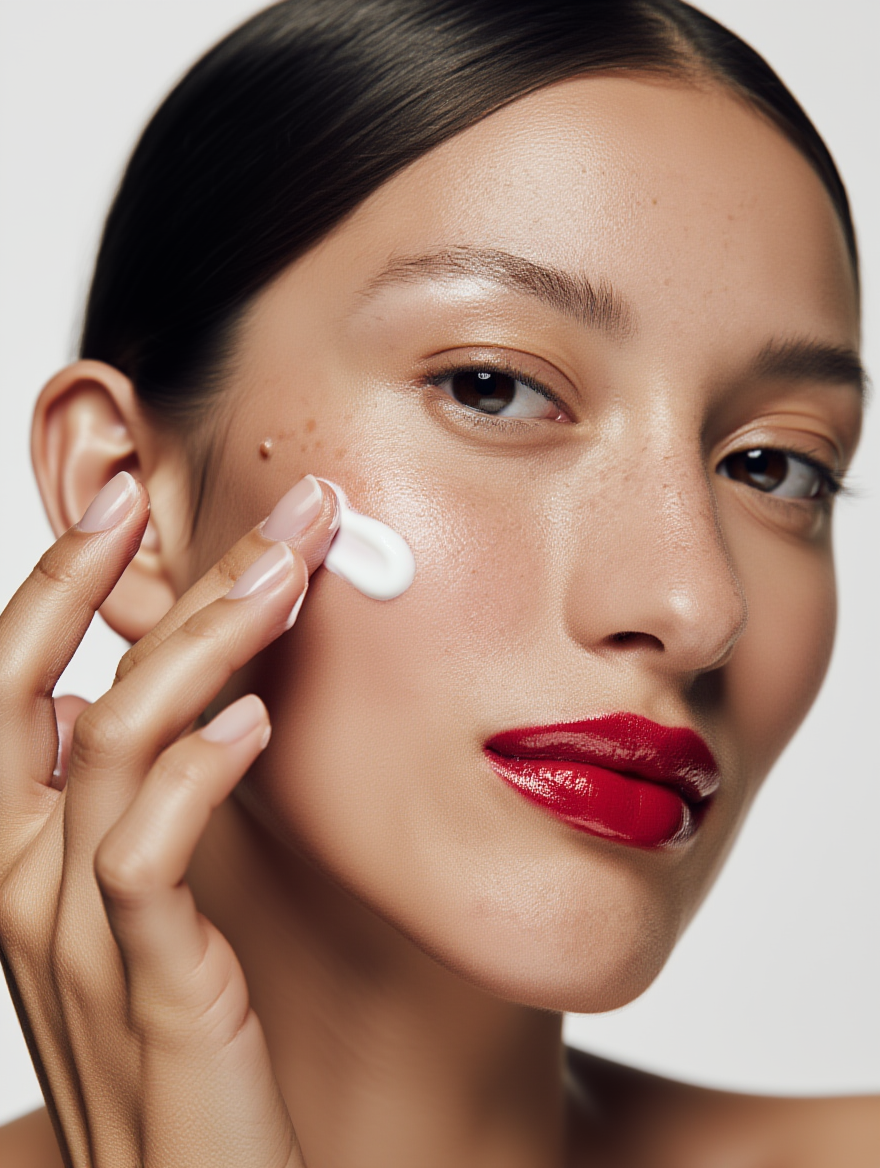 A woman with dark hair applying white cream to her face, wearing red lipstick and having clear skin.