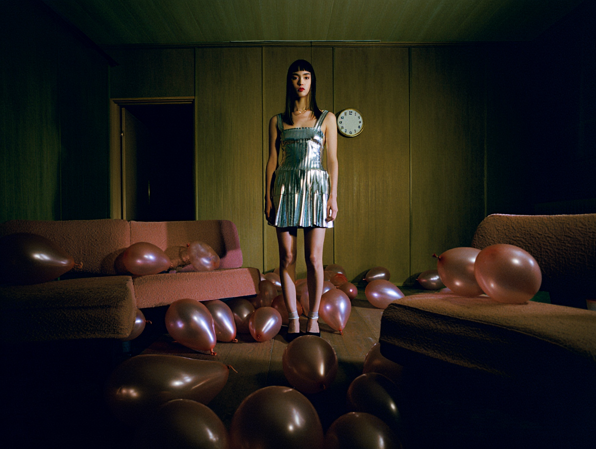 A woman in a shiny silver dress standing in a dimly lit room filled with scattered pink balloons.