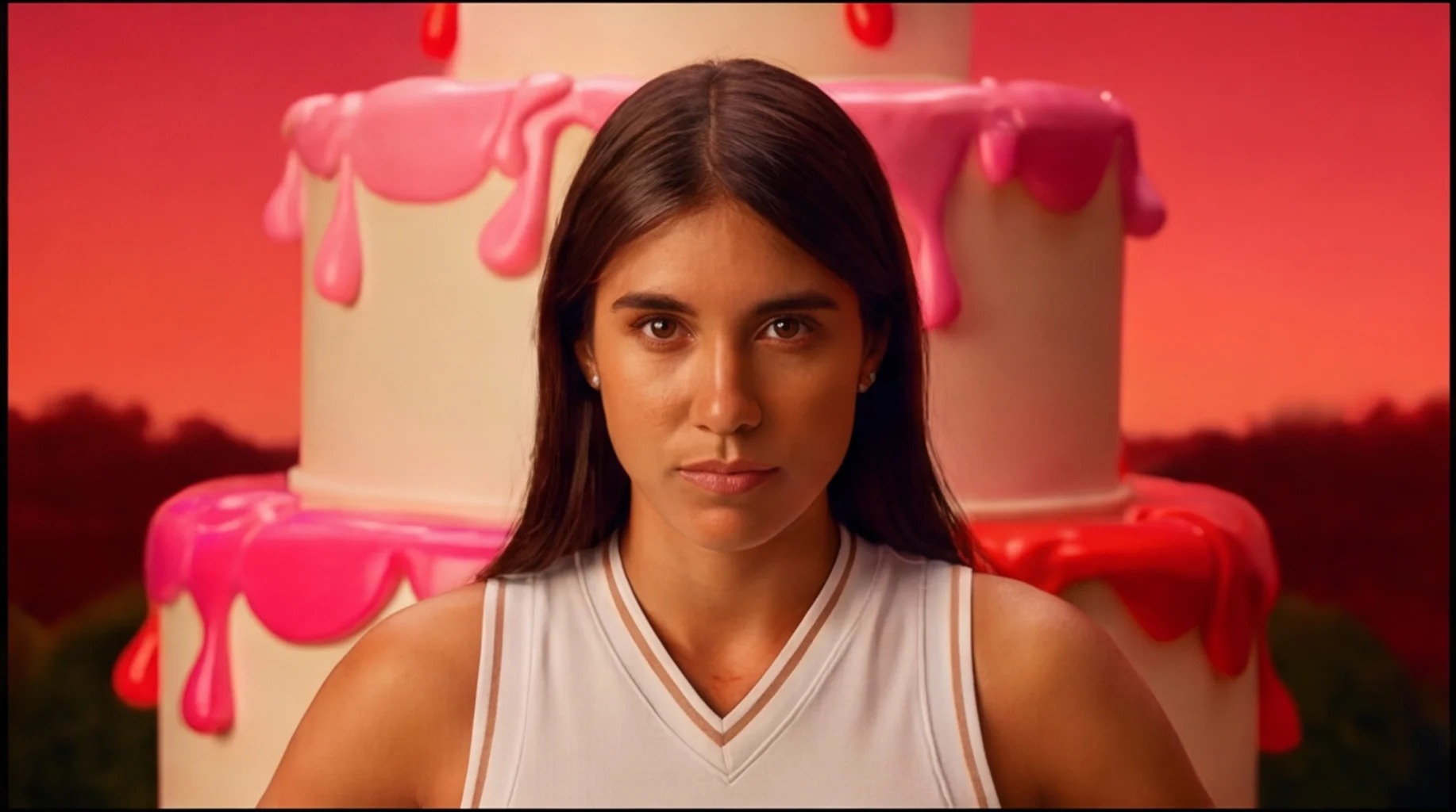 A young woman with long dark hair and a white sports jersey, standing in front of a large, pink and white layered cake with pink icing drips, outdoors during sunset.