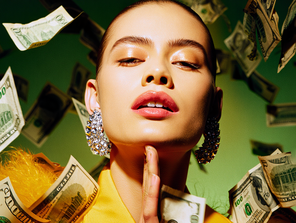 A woman with large earrings and yellow clothing is surrounded by flying dollar bills.