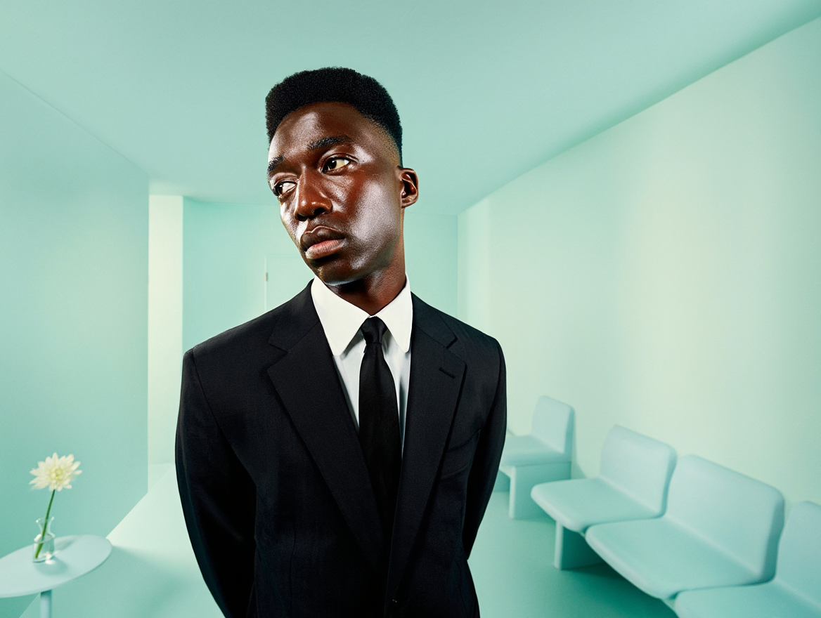 A young man in a black suit and tie standing in a minimalistic, white waiting room with four chairs and a small table with a single flower.