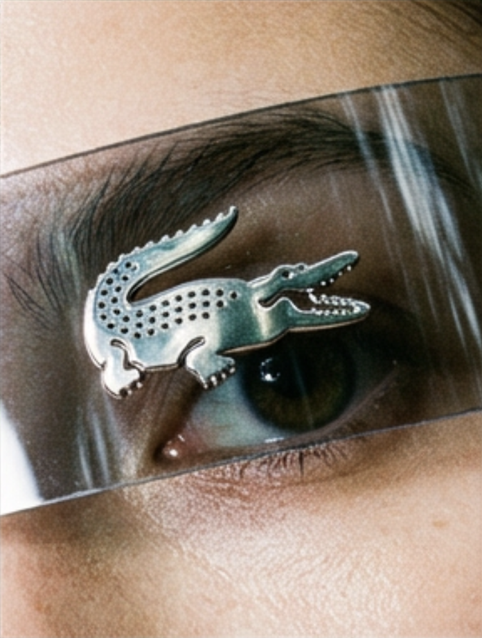 Close-up of a person's eye with a small metallic crocodile-shaped accessory on the eyelid.