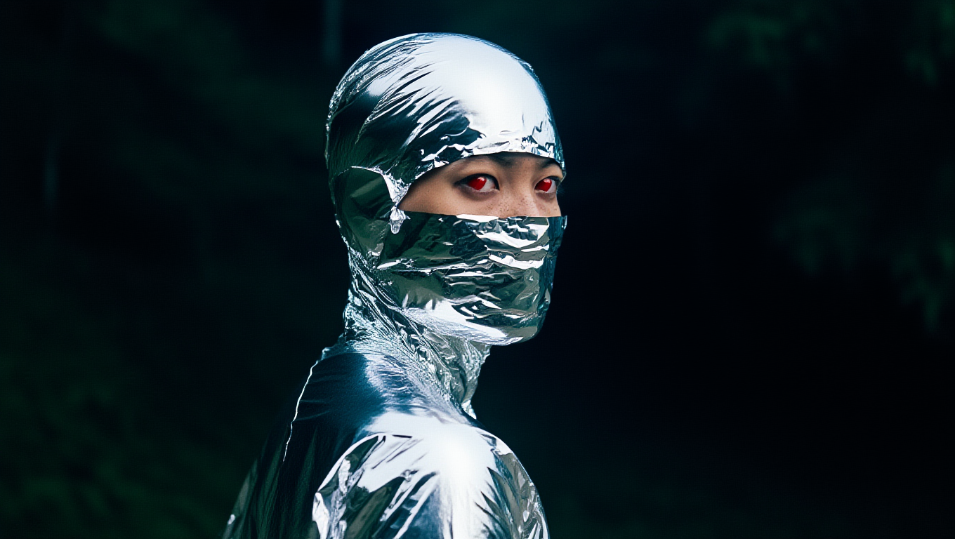 Person in futuristic silver metallic outfit with hood and face cover, standing outdoors at night with dark background.