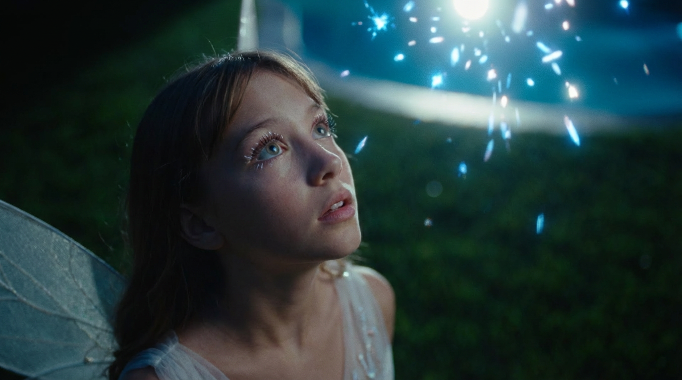 A young girl with fairy wings looking up at a bright, glowing sparkly light in the night sky.