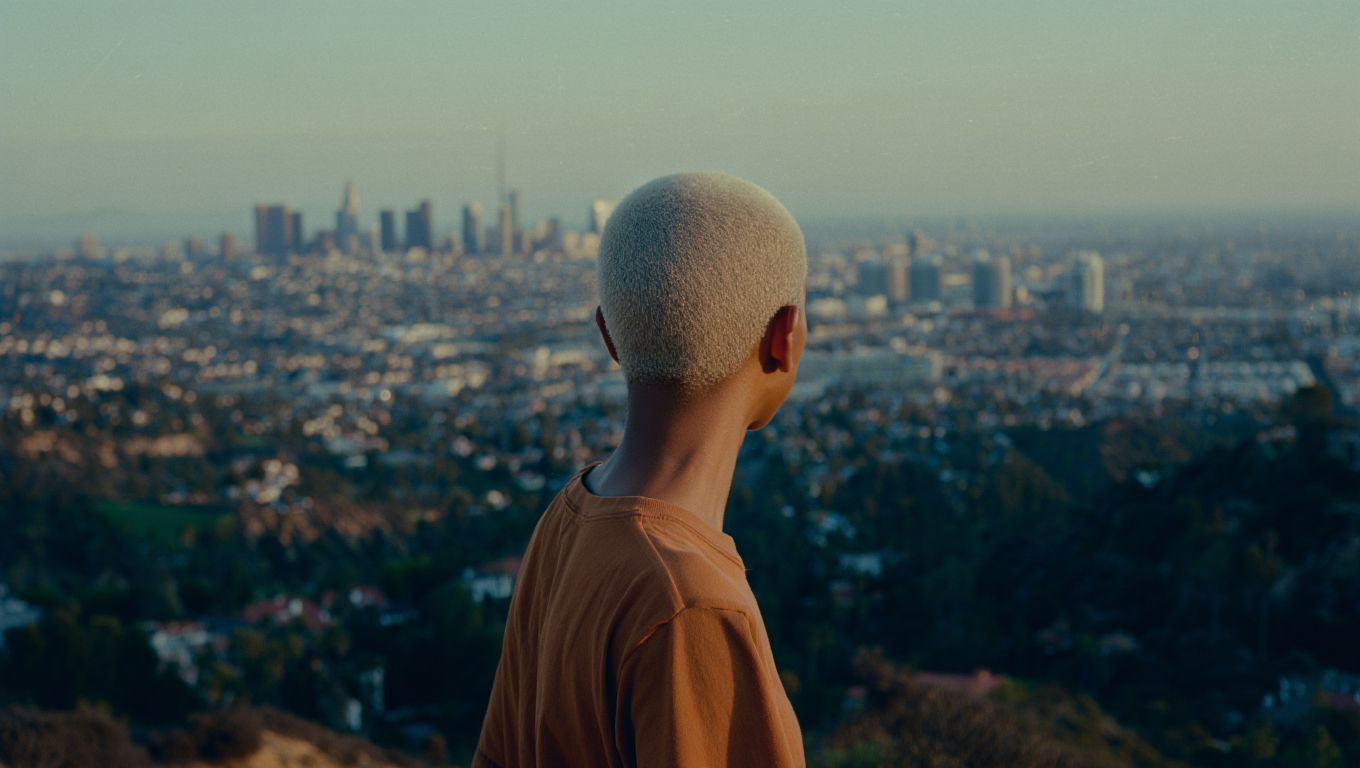Person with bleached blonde hair looking over Los Angeles cityscape during sunset.