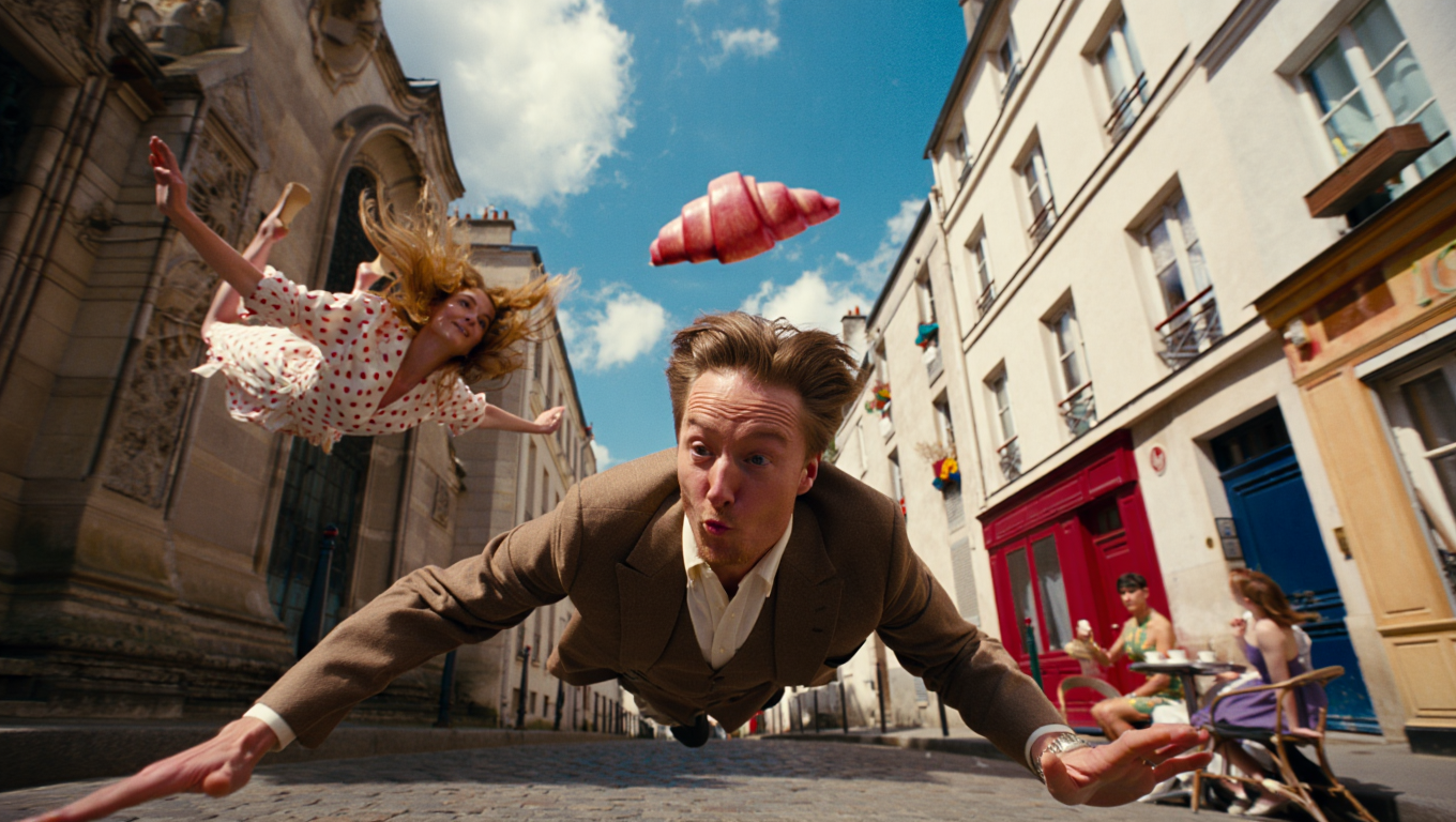 A man and a woman appear to be flying or falling horizontally over a city street with buildings on either side. The man is in the foreground, dressed in a brown suit, with a surprised expression. The woman is in the background, wearing a white dress 