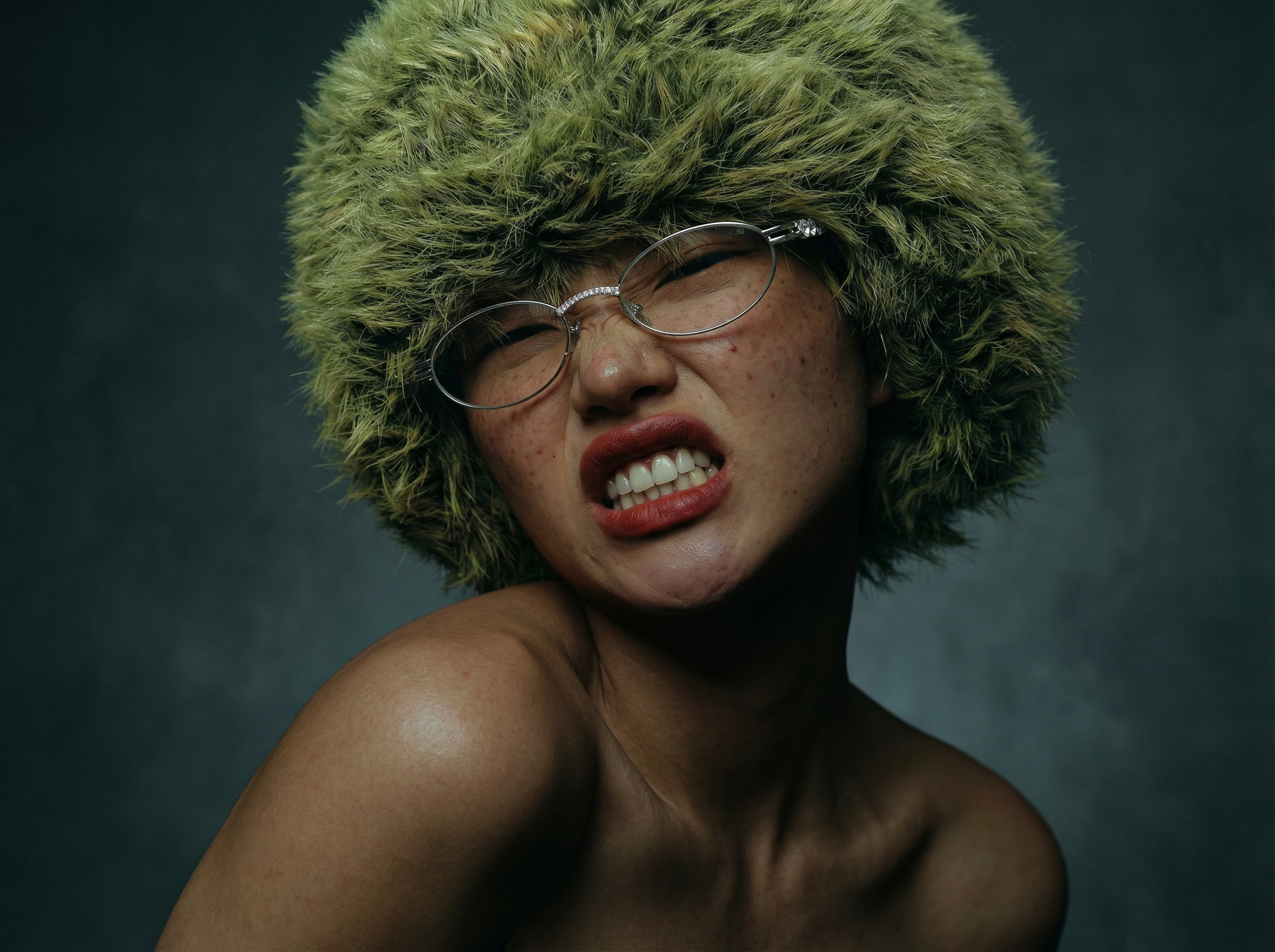 A woman with glasses and a furry hat making a grimacing facial expression.