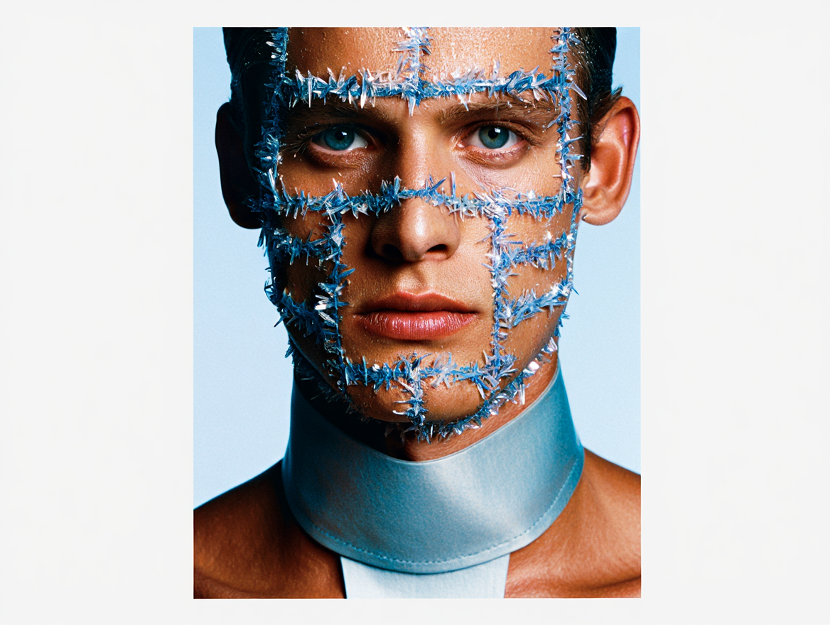 A close-up portrait of a person with blue eyes, wearing a blue collar, with their face covered in jagged, star-shaped, reflective blue tape, creating a geometric pattern.