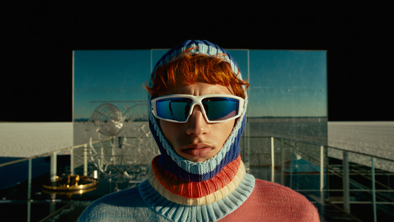 A woman with red hair wearing large white sunglasses, a multicolored knitted hoodie, and a red sweater standing in front of a reflective metallic wall on a sunny day.