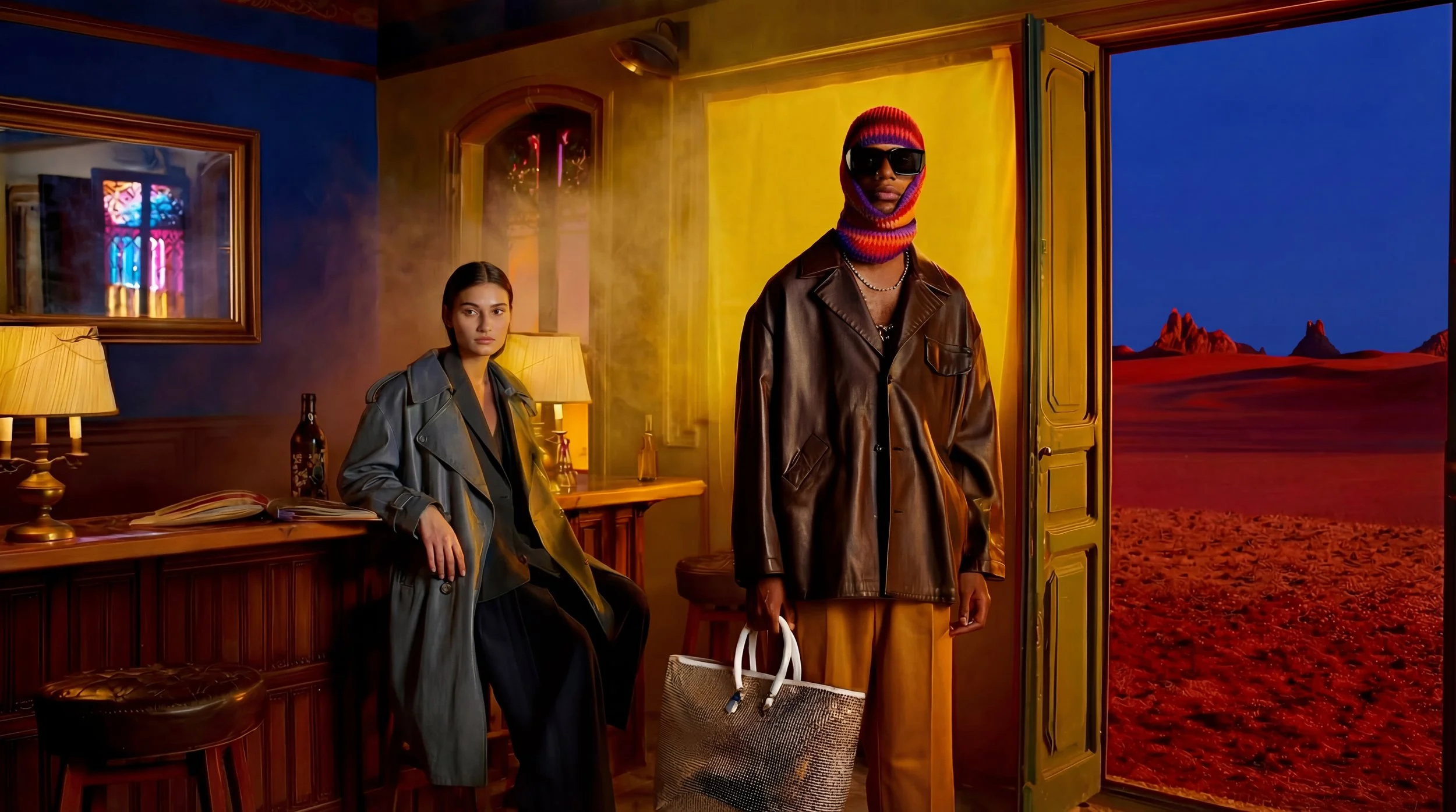 Two models in a room with colorful lighting and desert landscape view through an open door. One model, seated, wears a gray trench coat and black outfit, and the other, standing, wears a leather jacket, colorful knit hat and face covering, sunglasses