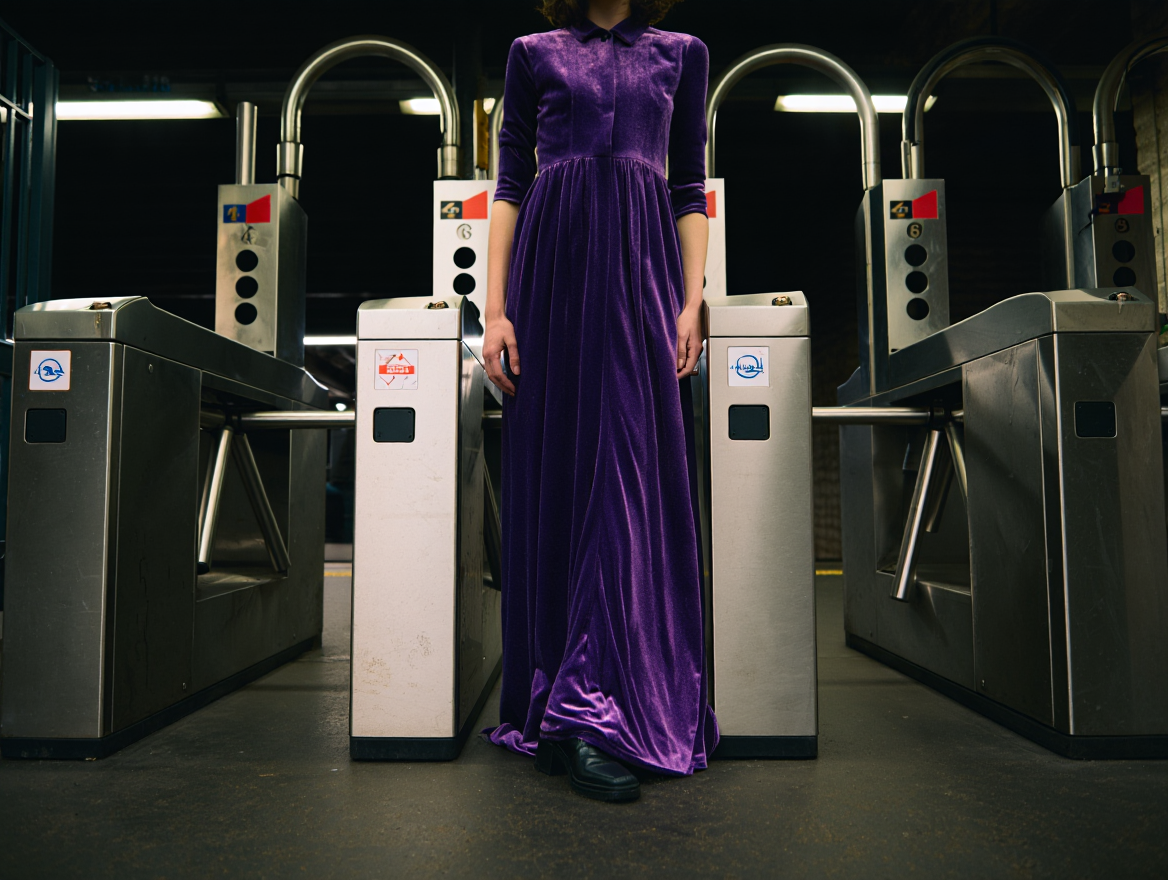 Person wearing a long purple velvet dress standing near turnstiles in a subway station.