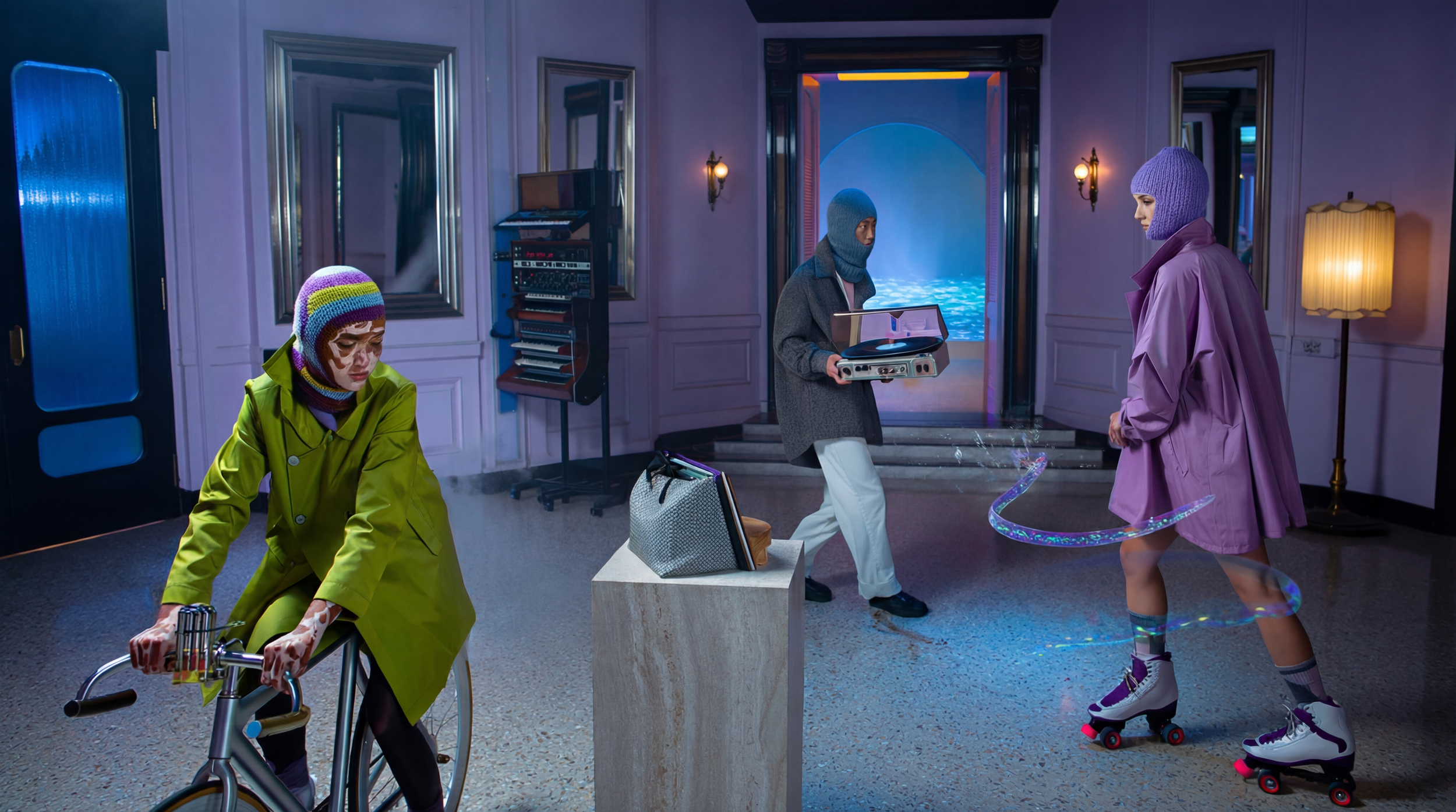 Three women in colorful clothing and knit hats in a room, one riding a bicycle, another with a stereo, and the third on roller skates, with pink walls, mirrors, and a doorway showing a pool area in the background.