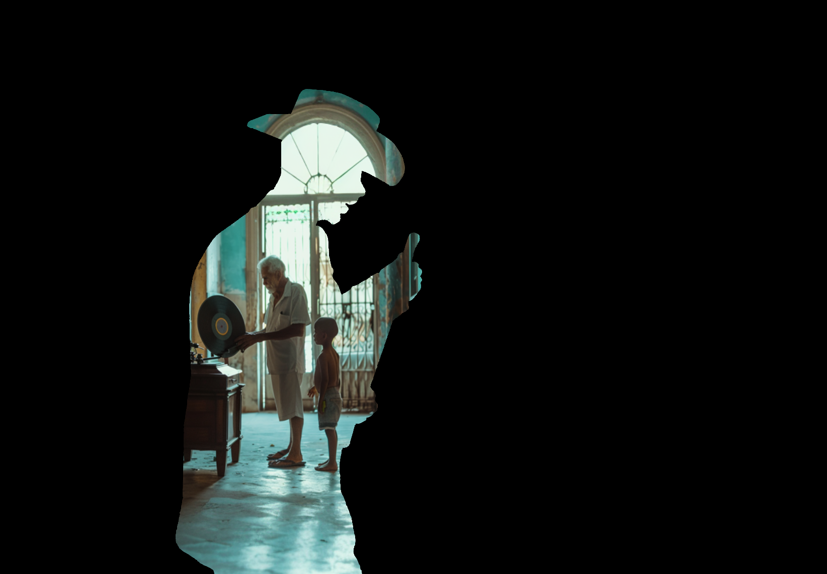 Silhouette of a person with a spiked hairstyle, with a faded background of an elderly man and a young boy in a bright room with large windows and blue walls, standing near a vintage record player.