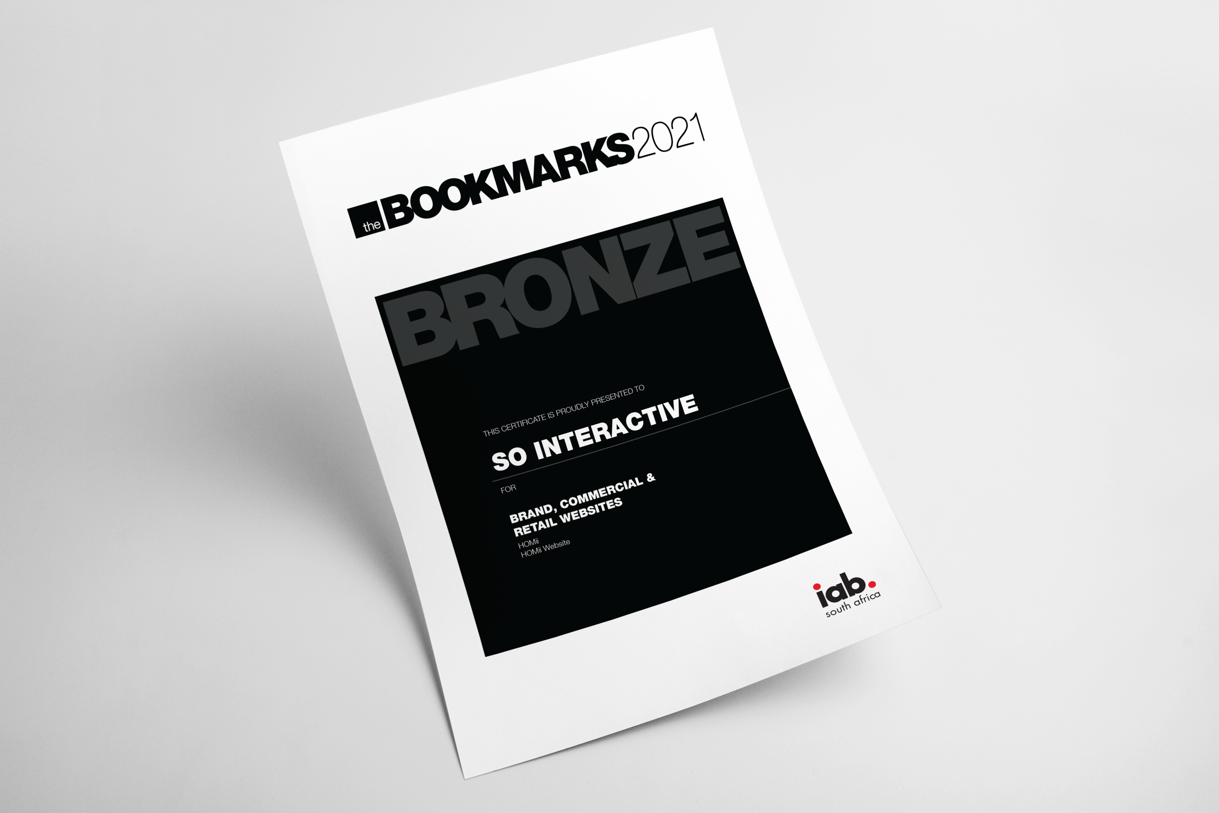 Certificate from the 2021 Bookmarks awards, presented to So Interactive for brand, commercial, and retail websites by IAB South Africa.