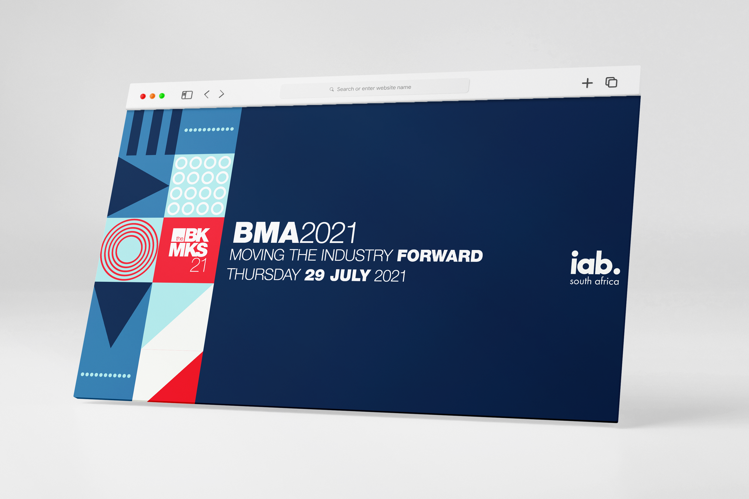 Event poster for the BMA 2021 conference, titled "Moving the Industry Forward," held on Thursday, July 29, 2021, organized by IAB South Africa, featuring a blue background with geometric and circular designs in shades of blue, red, and white.