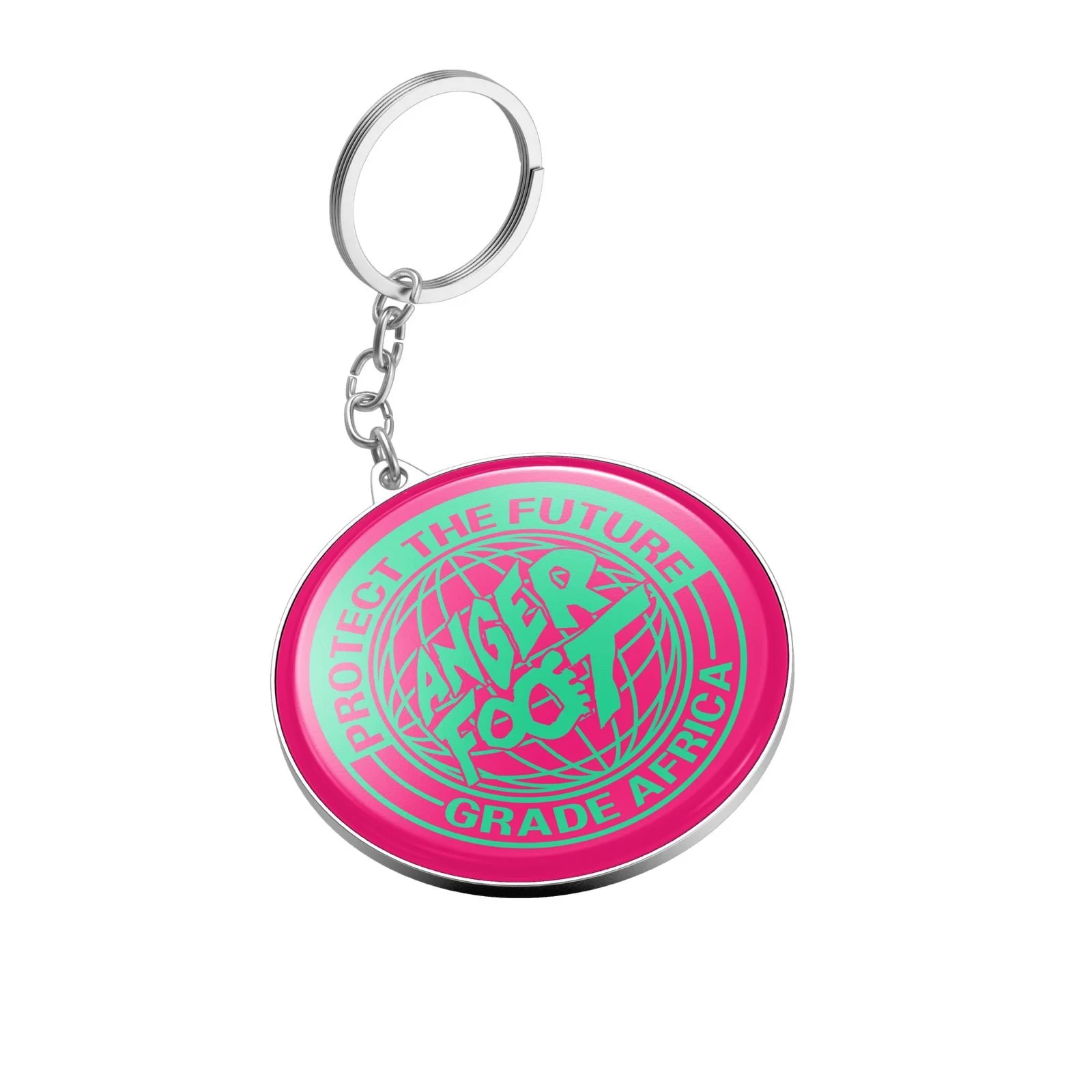 Colorful keychain with a circular pendant that says 'Protect the Future, Grade Africa' around a globe with the word 'Angel' in the center.