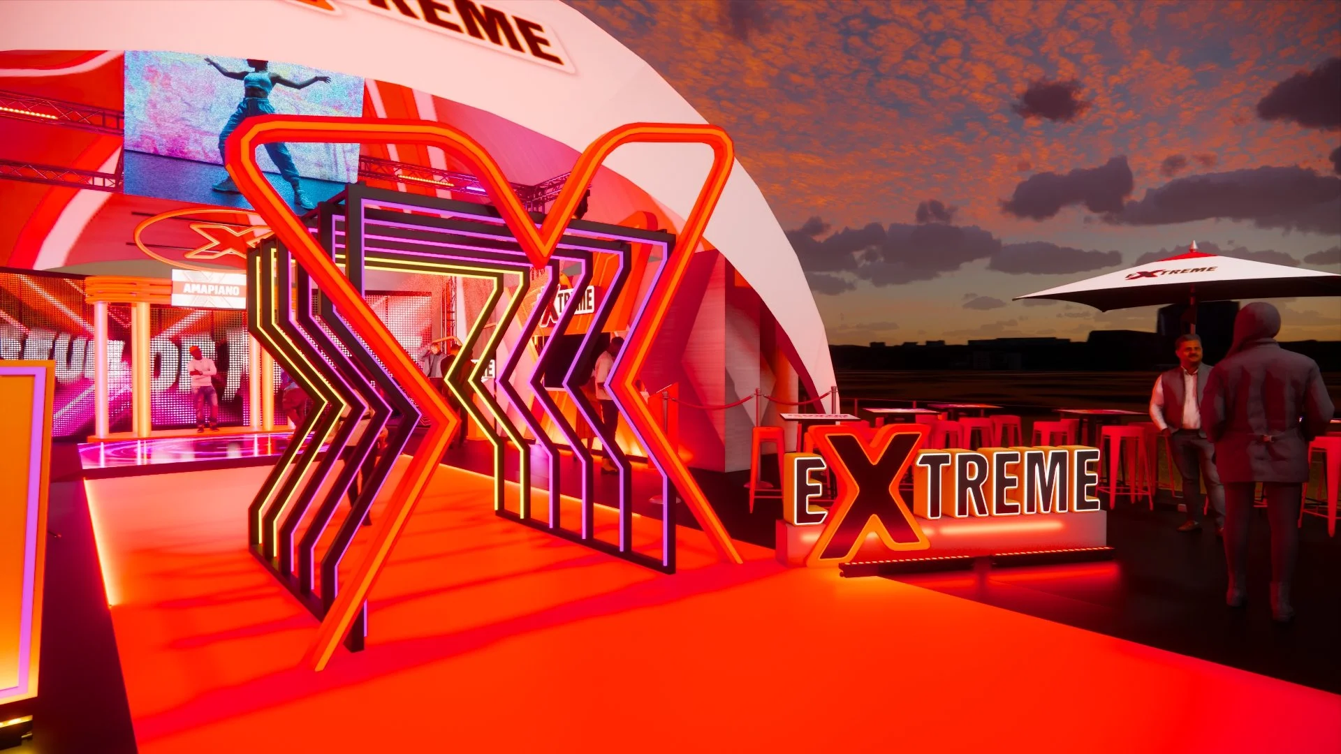 A vibrant outdoor entertainment space with bright neon red and orange directional arrows, a large illuminated sign that reads 'XTREME,' and a stage with a performer. The area is decorated with neon lights, tables, and chairs under a large white umbre