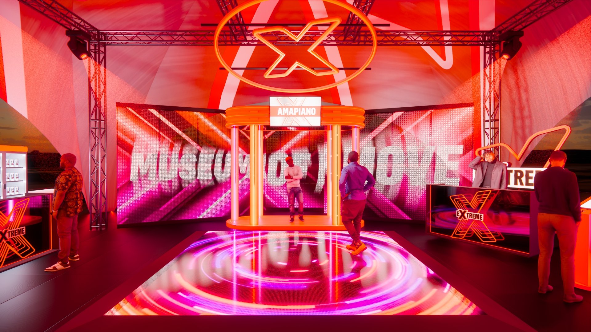 An indoor event space with bright neon red and pink lighting, featuring multiple people and large digital screens displaying vibrant graphics and text. The setting includes a circular illuminated stage with futuristic design elements and a prominent 