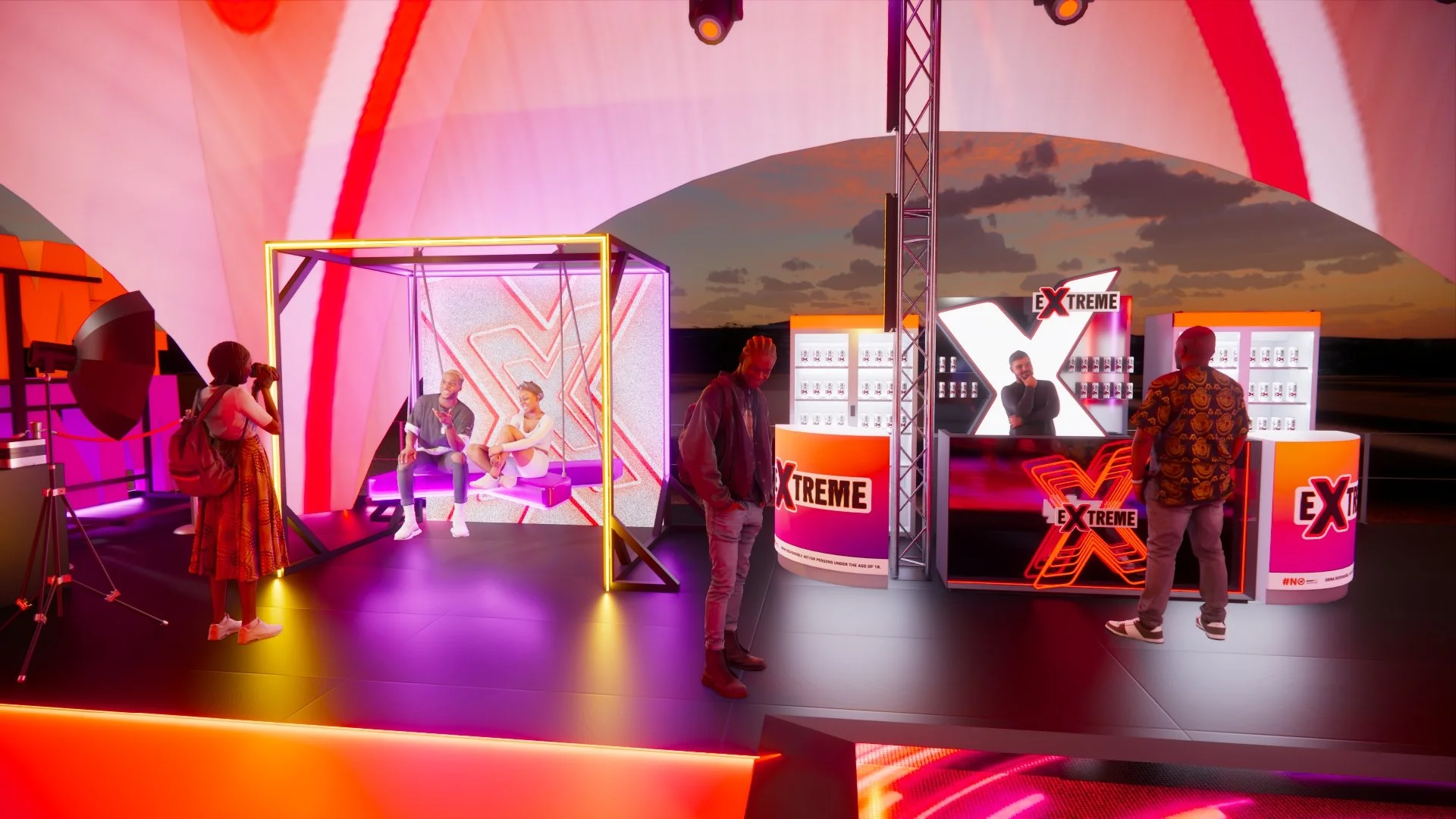 A digital stage setup with a neon 'Xtreme' theme, featuring a photo booth on the left with two people, a booth with snack displays labeled 'Extreme' on the right, and several individuals interacting in a vibrant, colorful environment with pink, purpl