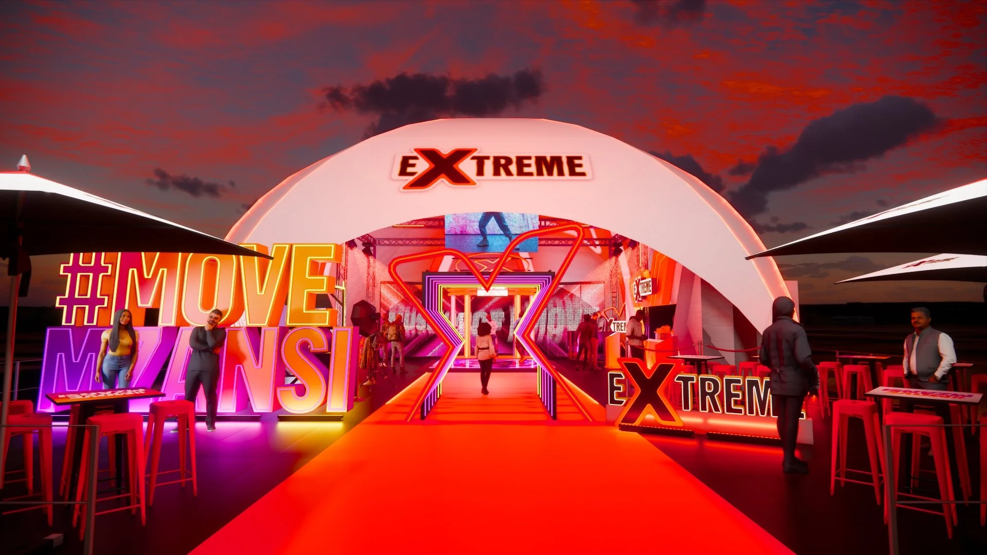 Nighttime scene of a vibrant, illuminated event space with a large white dome structure labeled 'EXTREME'. Bright neon signs, including '#MOVE MANS', line the space. The venue features red flooring, red chairs, and people walking or standing under la