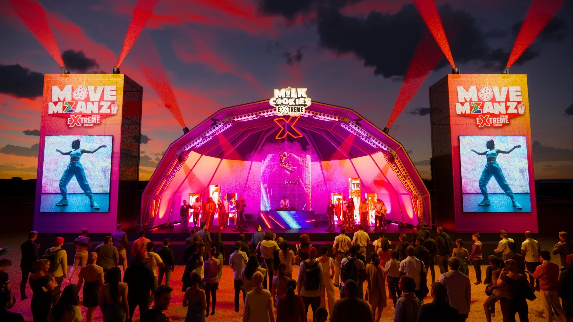 Outdoor stage at sunset with vibrant pink and purple lighting, large screens, and a crowd of people watching a performance, advertising 'Move Mzanz' and 'Milk Cookies Xtreme'.