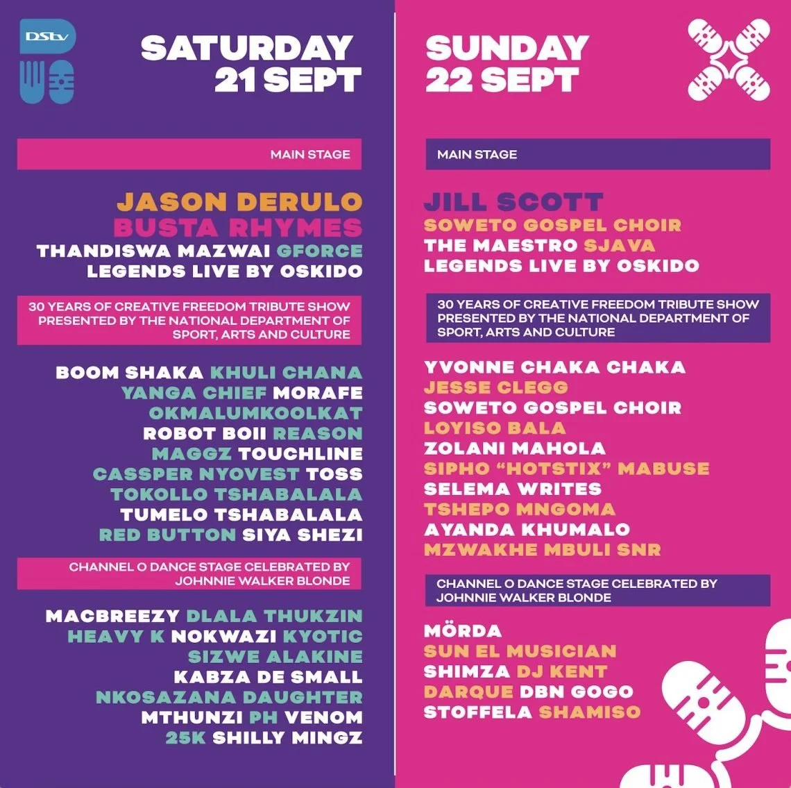 Event schedule for Saturday, September 21st and Sunday, September 22nd featuring various artists and performances across different stages, with details on the performers and tribute shows.