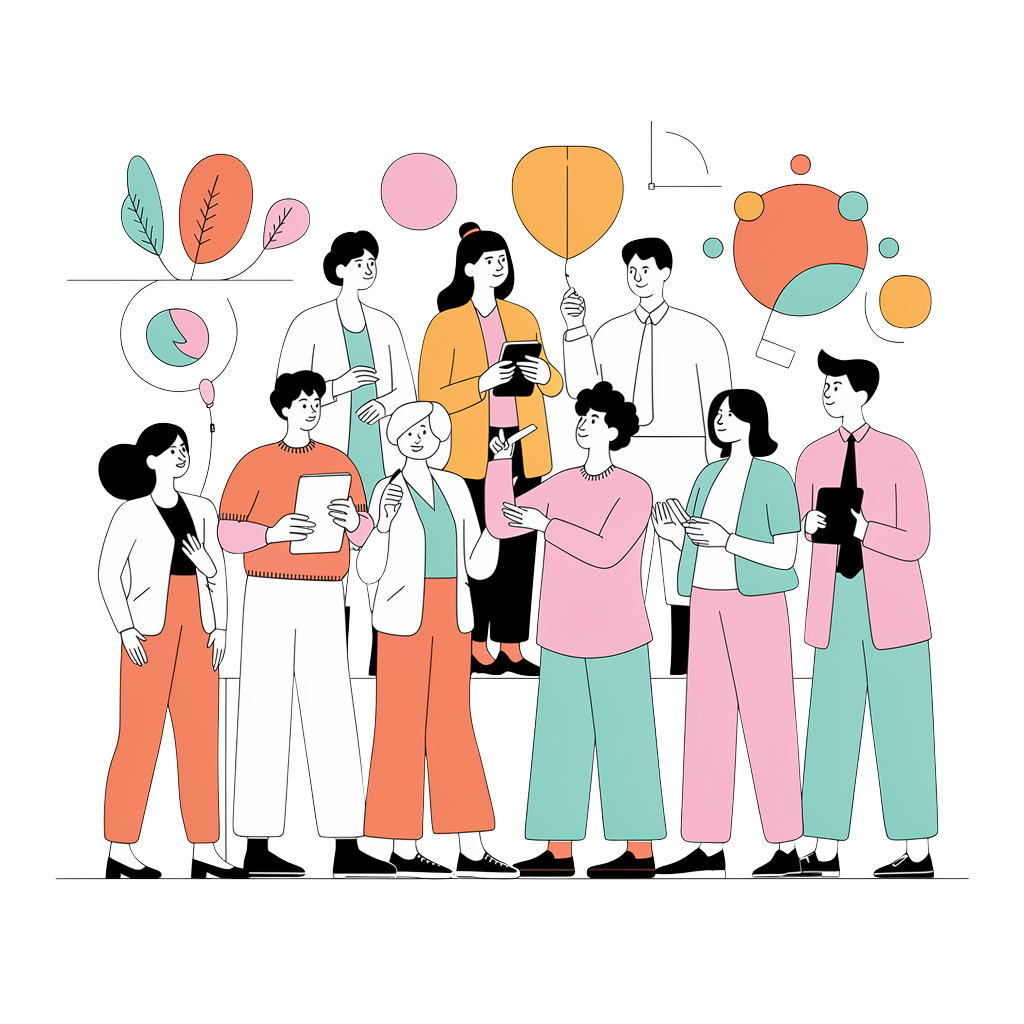 Illustration d'un groupe de personnes debout, discutant, avec des graphiques.