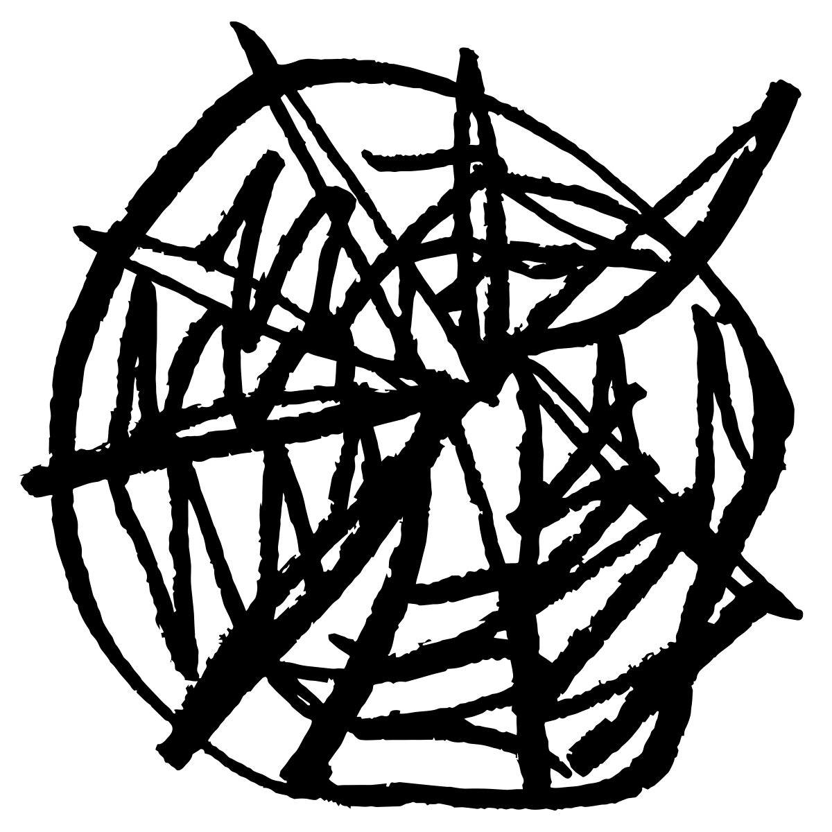Desenho abstrato com linhas pretas e caótico, formando uma massa desordenada e circular.