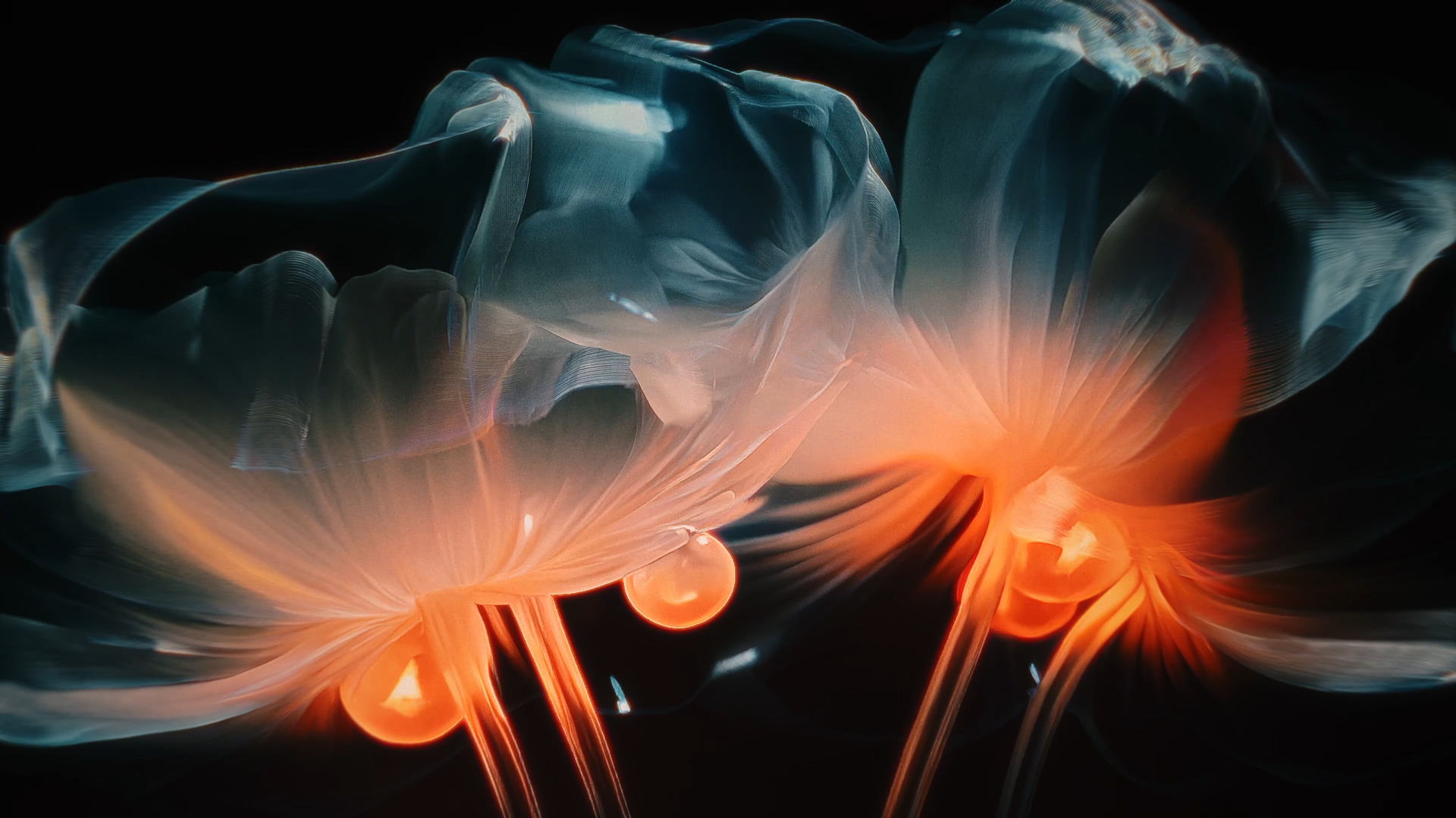 Abstract digital art showing orange light glowing tendrils and shapes emerging from a dark background.