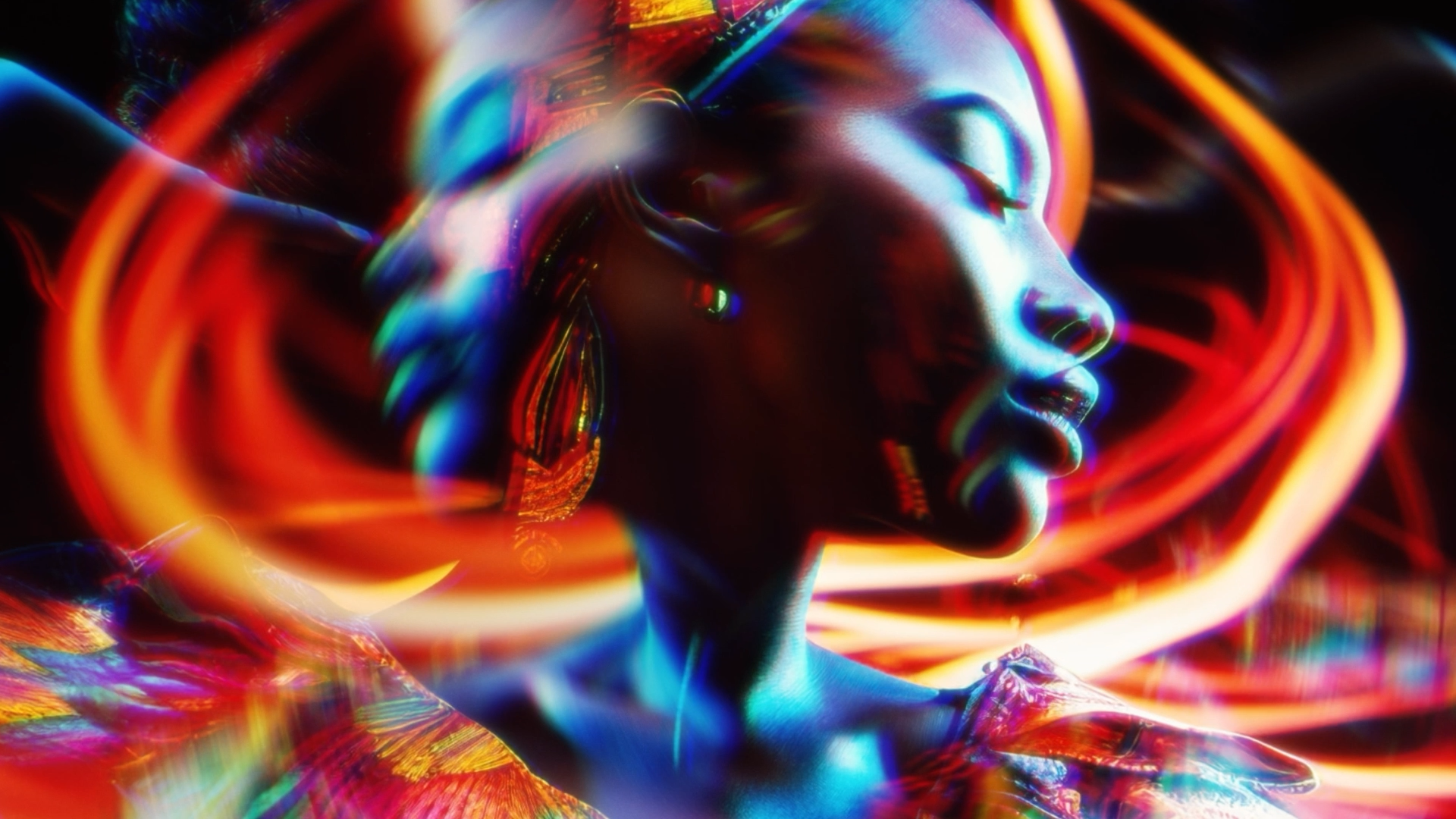 A neon-lit sculpture of a woman's face and shoulder with flowing hair, illuminated by vibrant multi-colored neon lights.