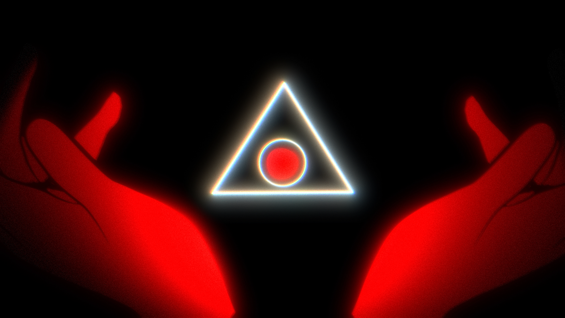 Two red hands with black outlines holding a glowing neon triangle with a circle inside, against a black background.