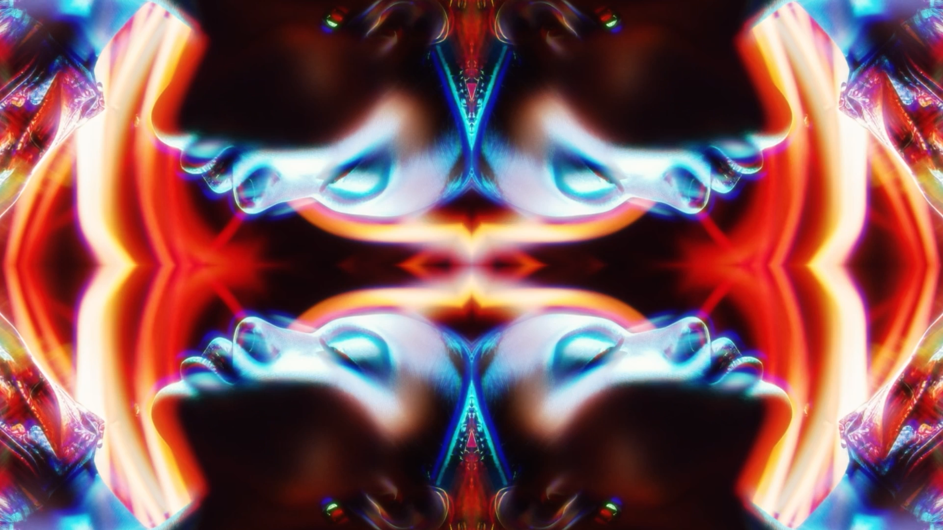 Abstract symmetrical neon light pattern with glowing colors of red, blue, orange, and purple.