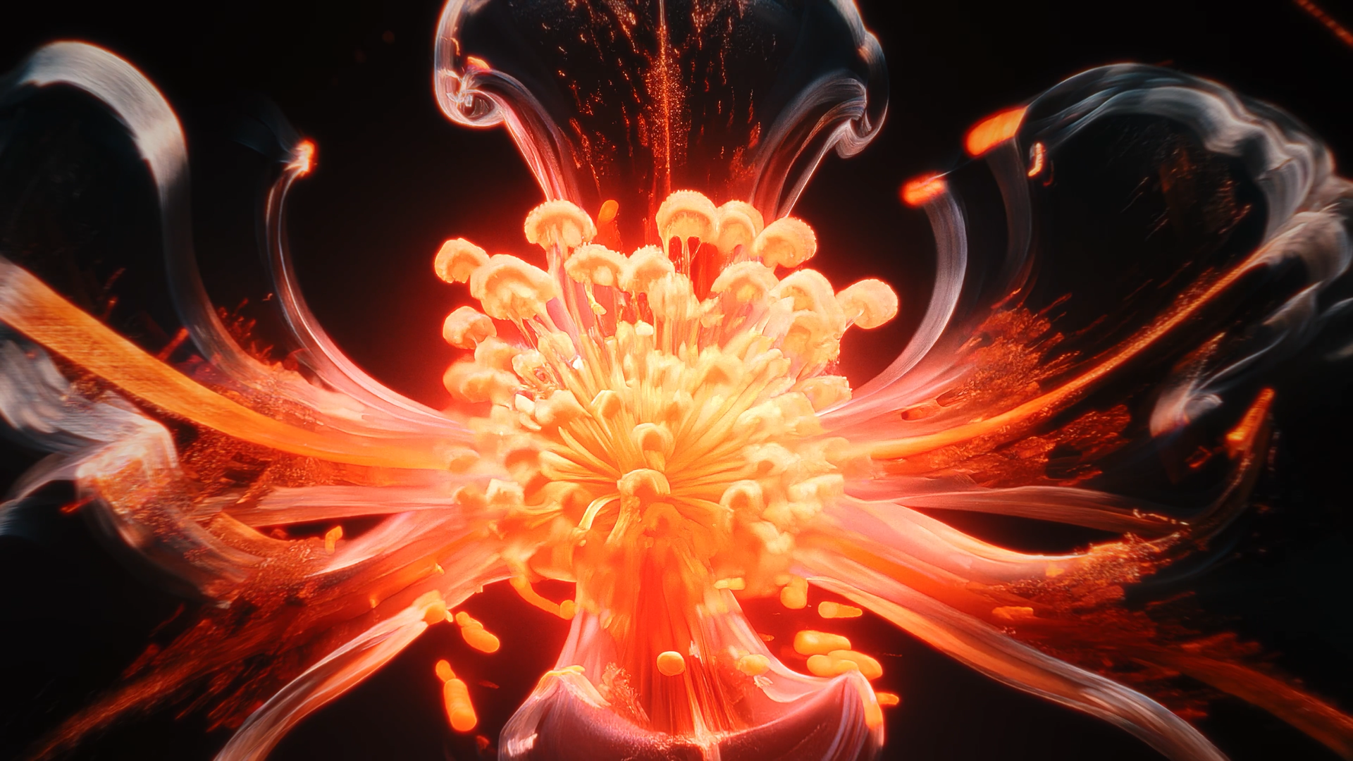 A digitally created explosion or burst of orange and red light with swirling patterns against a black background.