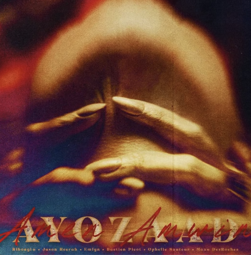 Close-up portrait of a person with hands covering their face, with the word 'AnyoZ Amour' written at the bottom.
