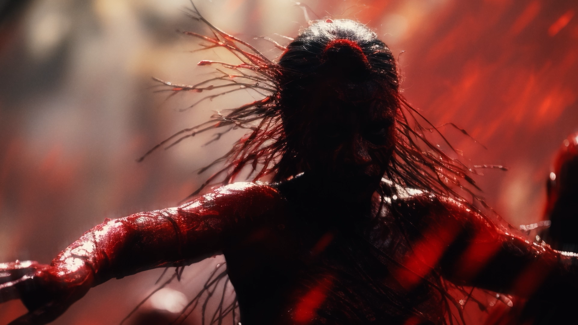 Close-up of a person with wet hair and dark makeup, covered in red liquid, in a dark, moody setting.