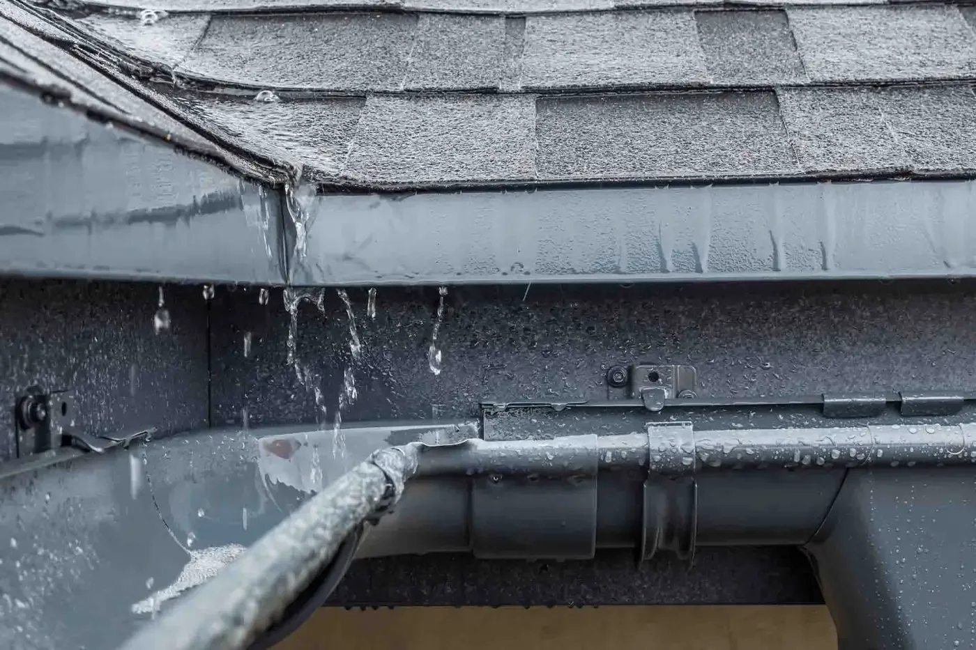 Water flows into a roof gutter, representing Stork Roofing repair in Aberdeen with text 'Roof Repair Costs in 2026'