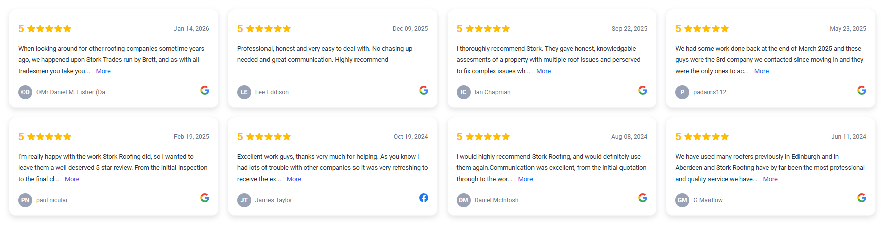 Google reviews for Stork Roofing repair and maintenance in Aberdeen, highlighting customer ratings and testimonials.
