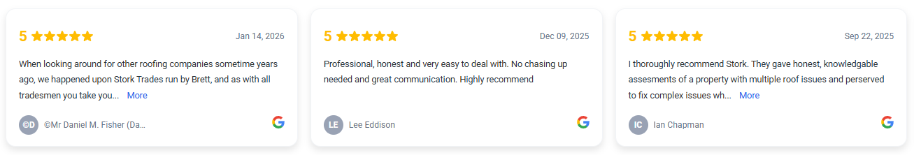 Stork Roofing Aberdeen customer reviews with 5-star ratings as listed by Google