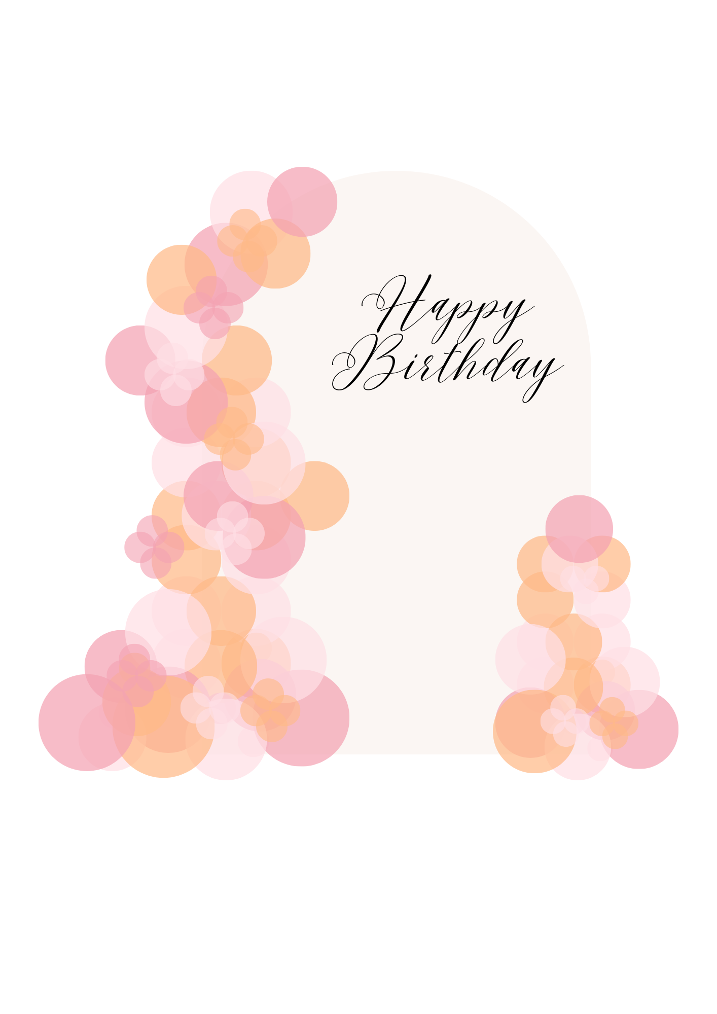 A birthday photo backdrop with a white arch-shaped central area and pastel-colored balloons and custom writing