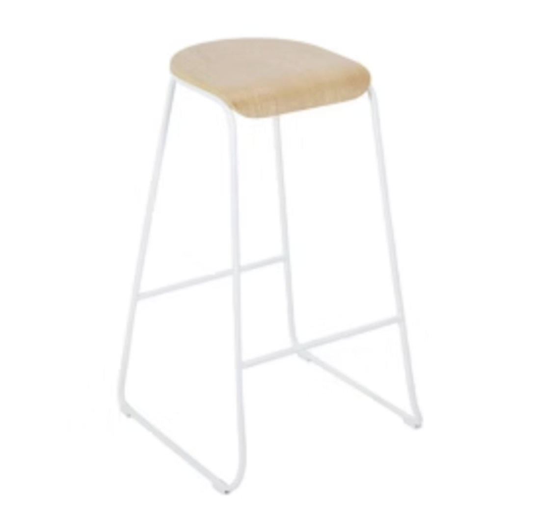 A bar stool with a light wood seat and white metal frame.