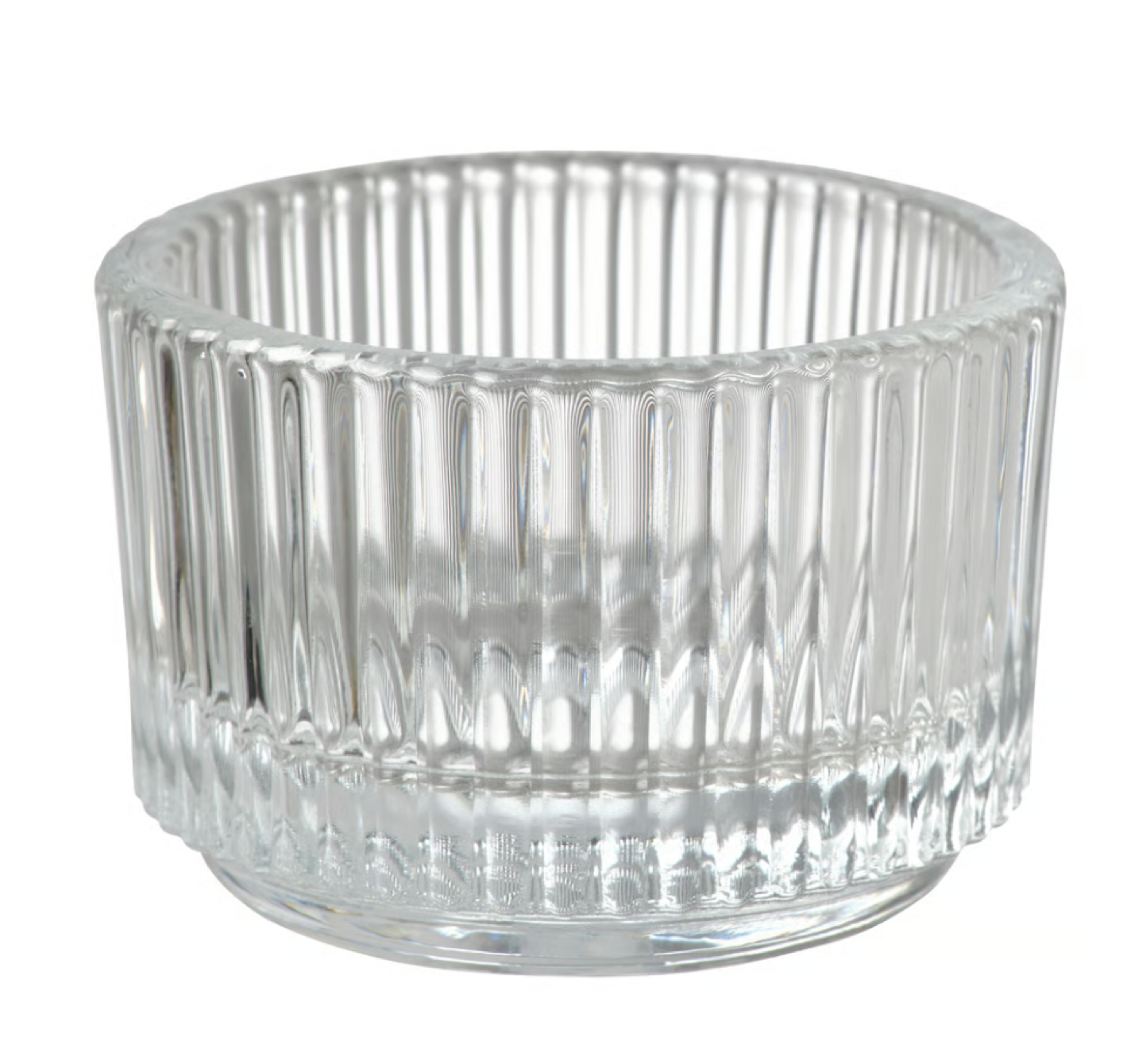A clear glass votive candle holder with vertical ridges.