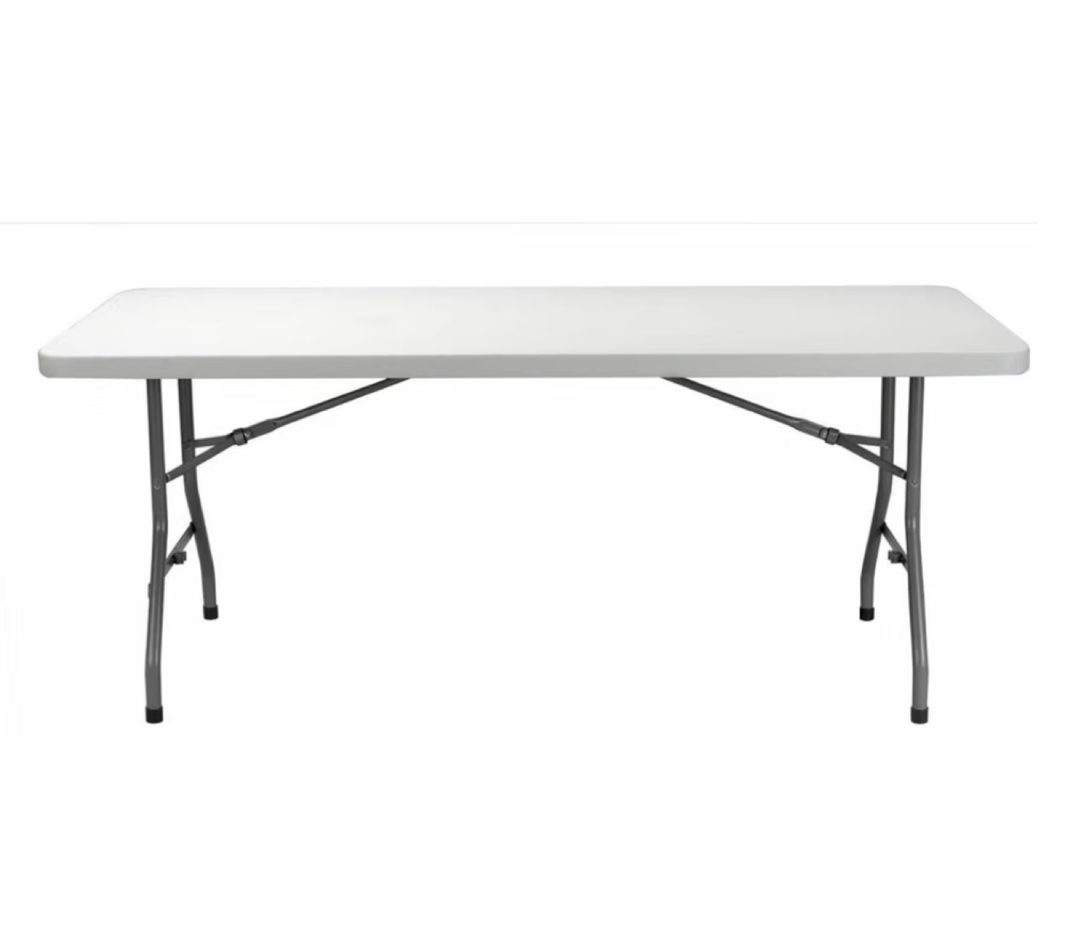 A white rectangular table with black folding metal legs