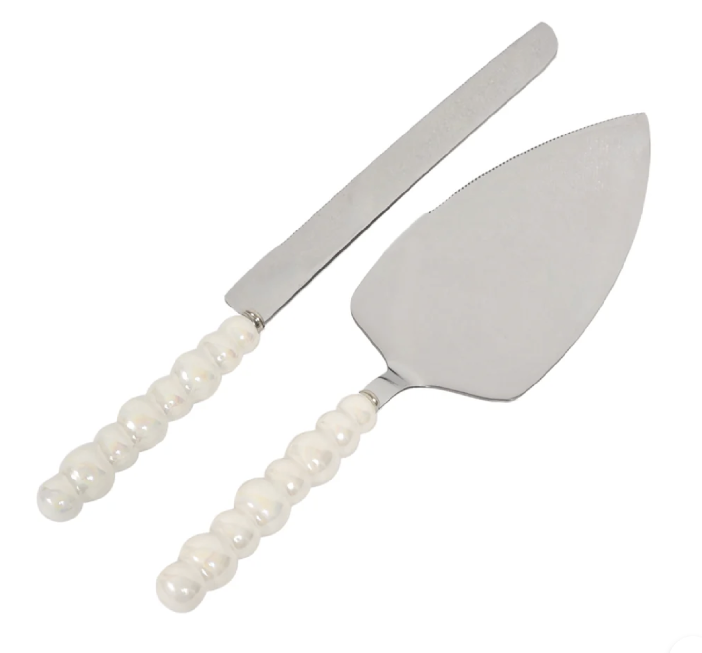Cake server and knife with pearl handle, silver metal blades, on white background.