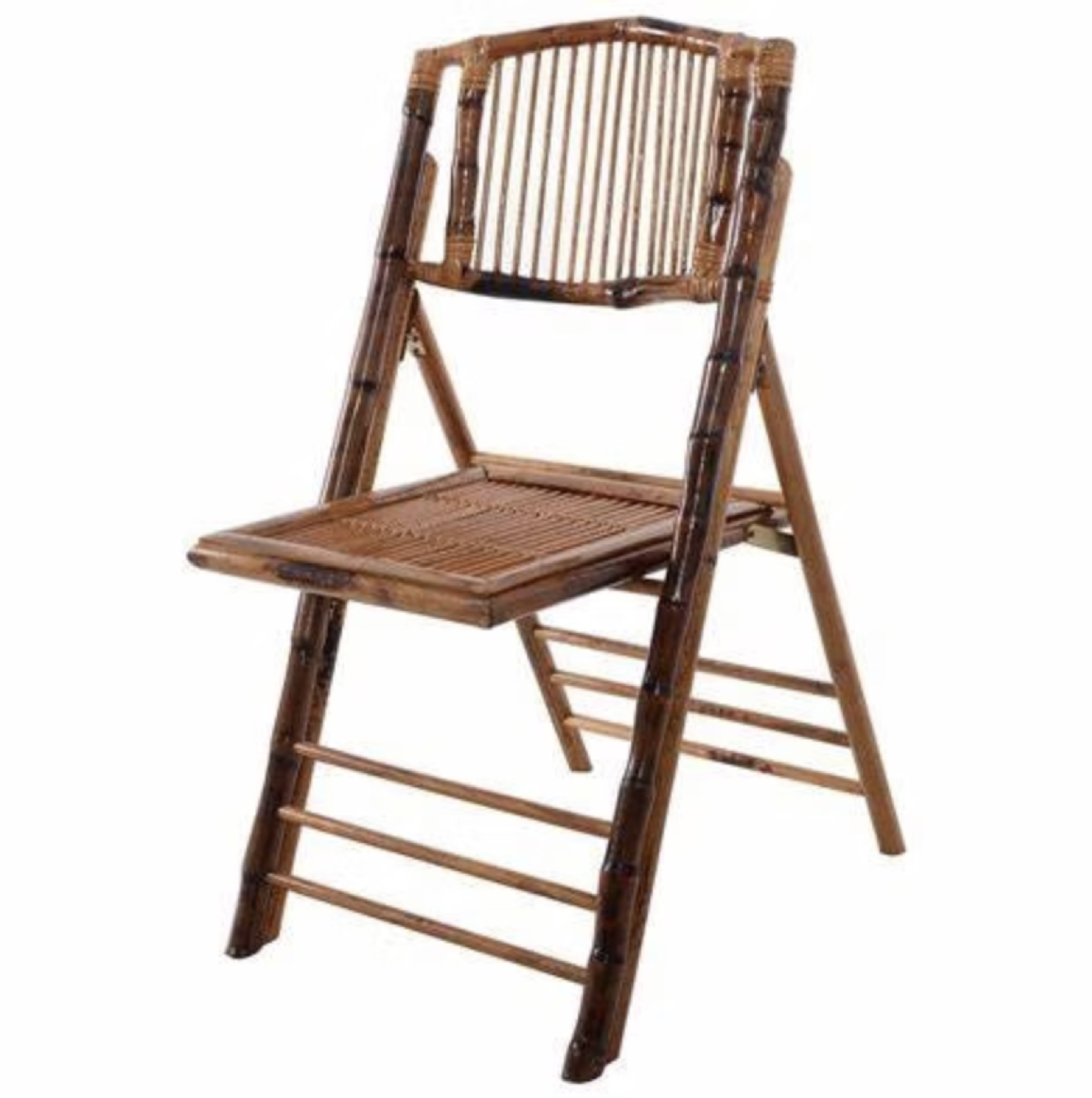 Wooden folding chair made of bamboo with slatted seat and backrest, on a white background.