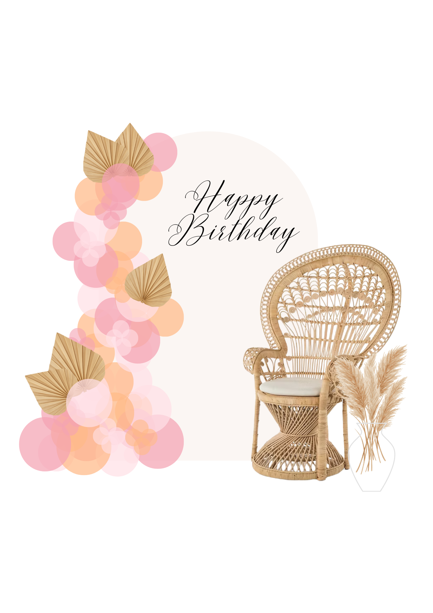 birthday backdrop with custom balloon garland, gold paper leaves, a wicker chair, a vase with pampas grass, and the text 'Happy Birthday' in elegant script.